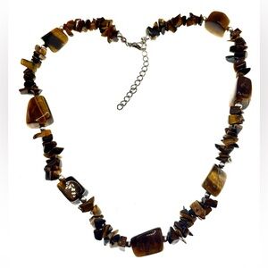 Vintage Tiger Eye Gemstone Necklace Chunky Boho Statement Jewelry Silver Tone